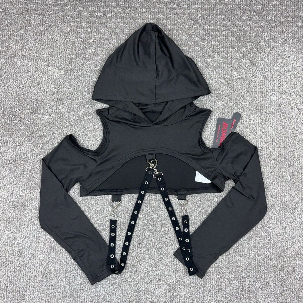 ROMWE Top Womens Large Black Hooded Cutout Strap Harness Crop Gothic Punk Rave